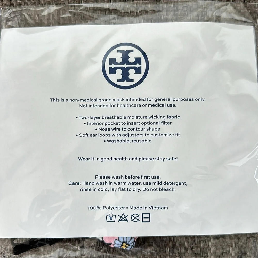 Tory Burch two layer Moisture wicking Face Mask Light Blue Yellow Pink Floral